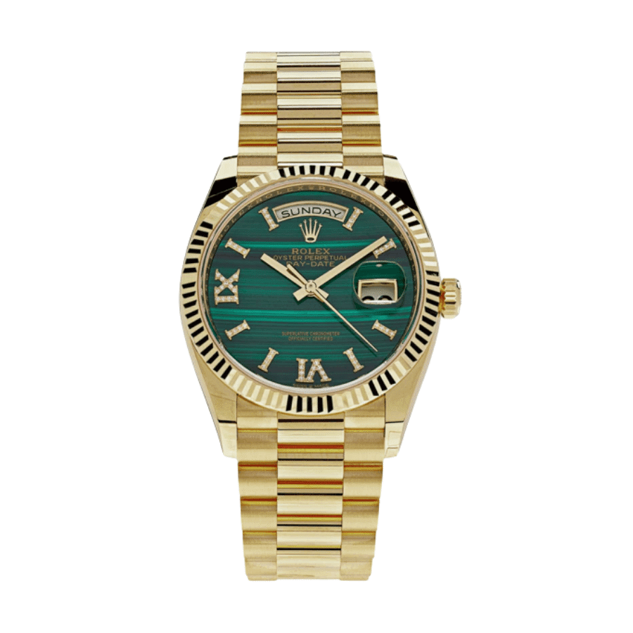 8-Rolexday-dategoldgreenmalachiteromandiamonddial36mm.png Day-date gold green malachite roman diamond dial 36mm - Image 1