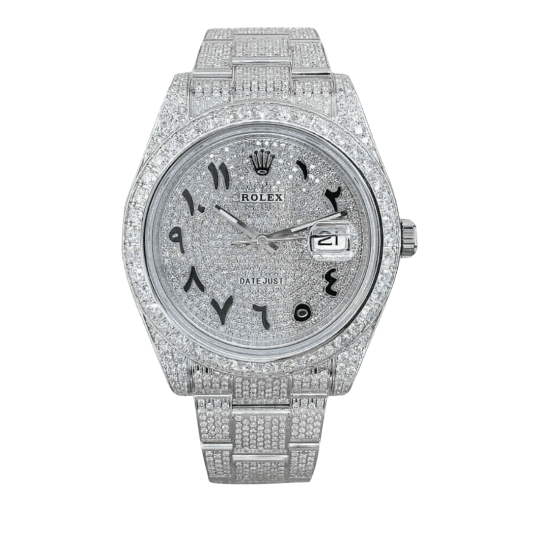 CRIATIVOSFEEDCASPERDRIPINVERNO_a83438ef-99e7-4710-8f65-c2d1e3a0bf14.png DATEJUST WHITE GOLD DIAMOND ARABIC DIAL ICED OUT - Image 1